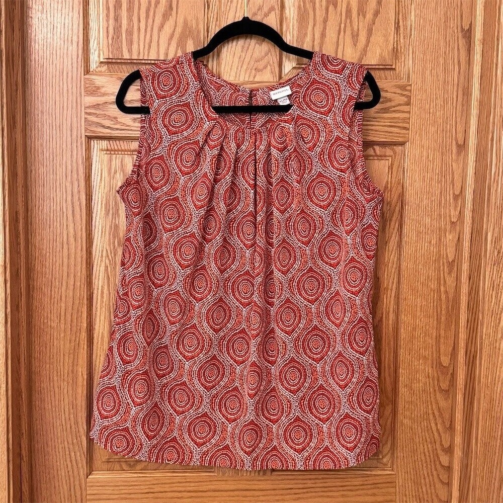 Merona Blouse Womens XL Sleeveless Red Orange Geometric Dot Pleated